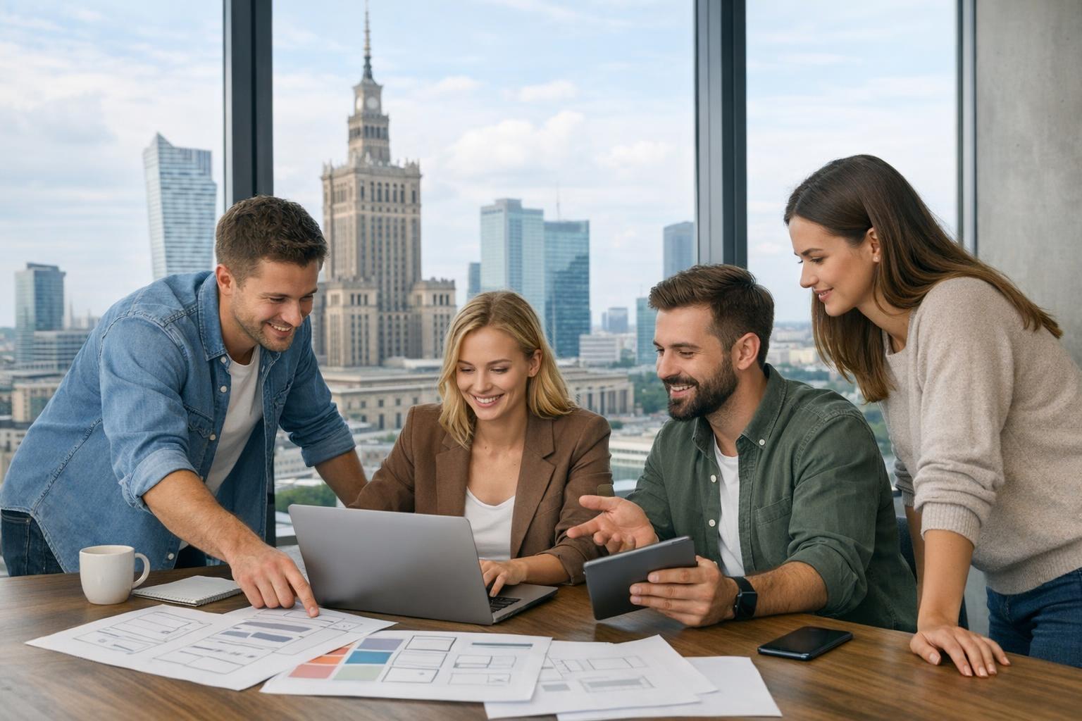 Zdjęcie zespołu projektowego pracującego nad stroną dla firmy z Warszawy