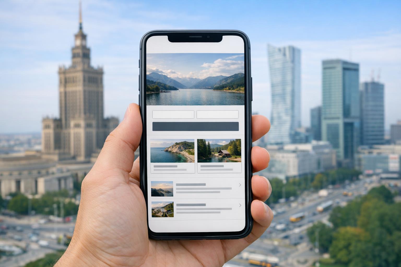 Zdjęcie strony internetowej wyświetlanej na smartfonie z widokiem Warszawy w tle