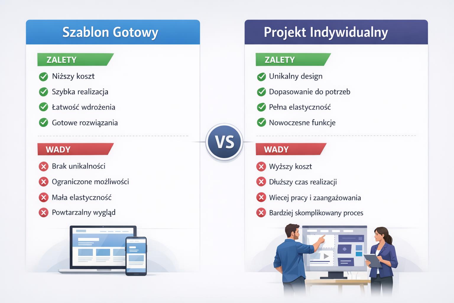 Porównanie: szablon gotowy versus projekt indywidualny — wykres zalet i wad